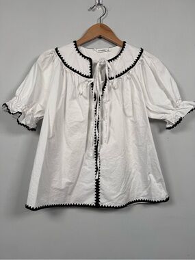 White Puff-Sleeve Tie-Front Blouse with Black Trim, Size S, Excellent Condition